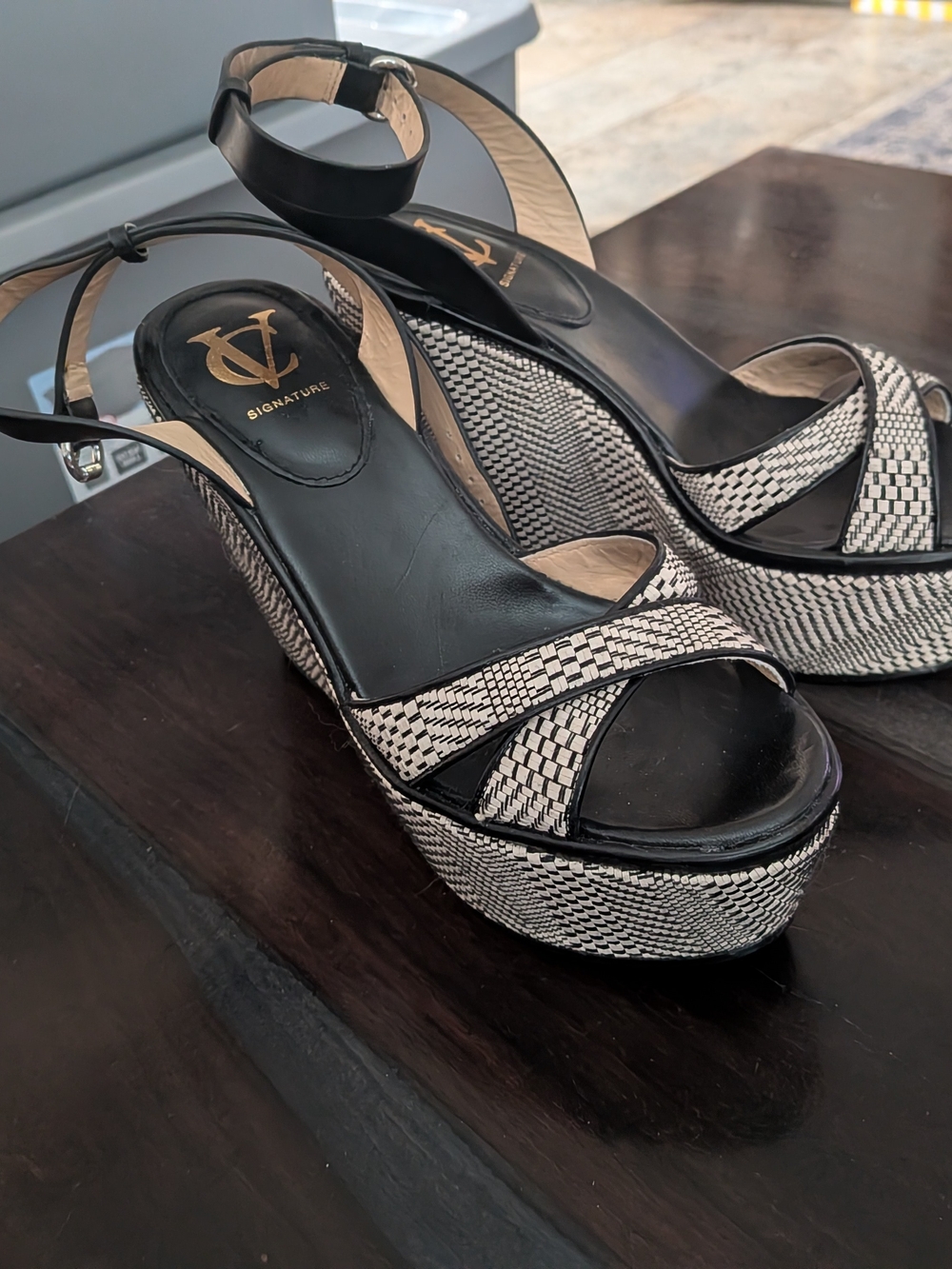 Vero Cuoio Black and White Woven Platform Wedge Sandals with Ankle Strap